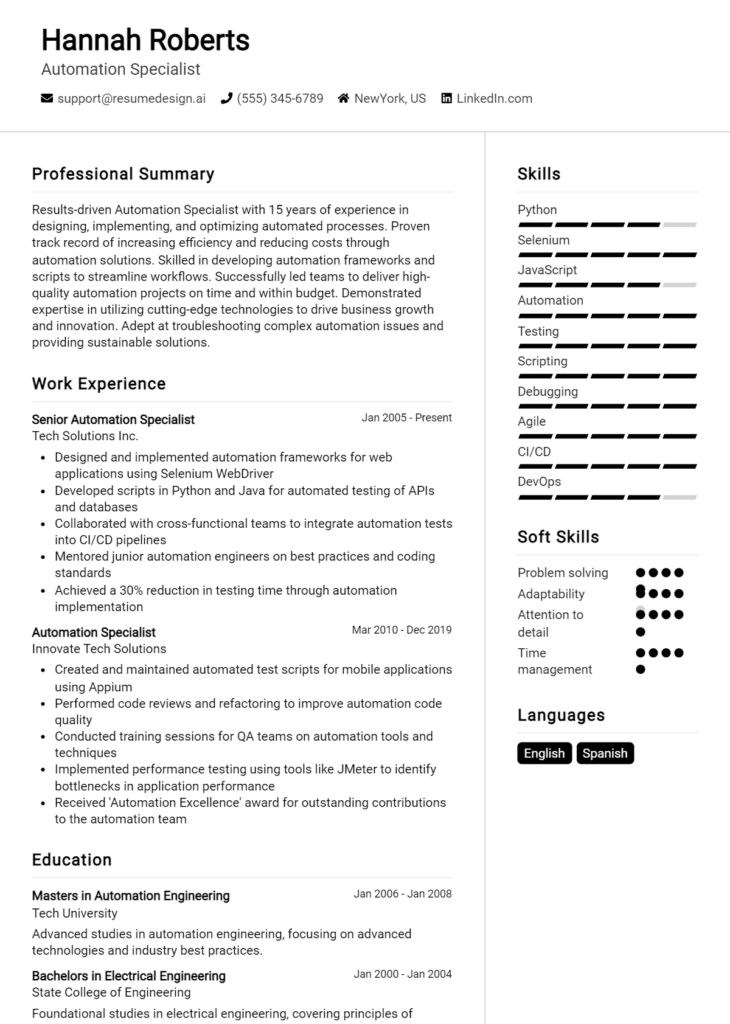 Automation Specialist Resume Example