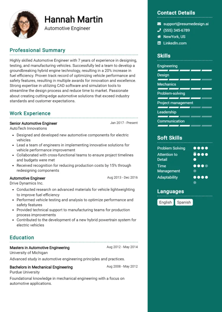 Automotive Engineer Resume Example