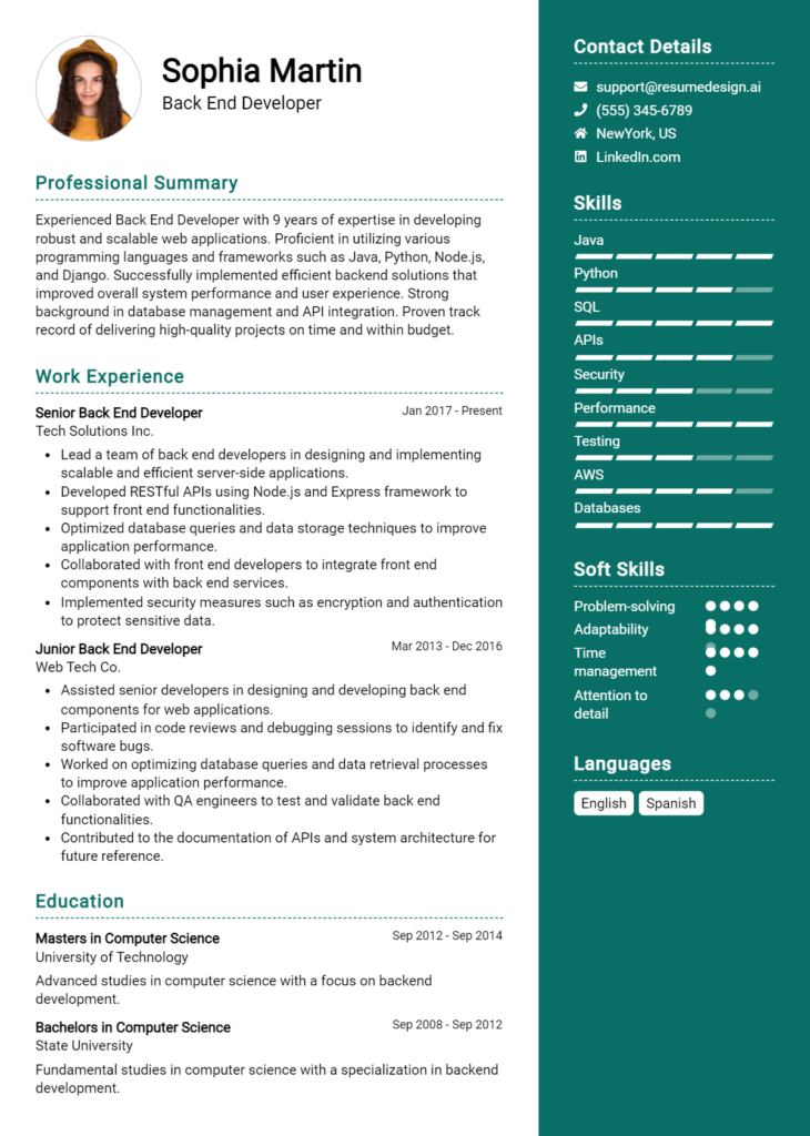 Back End Developer Resume Example