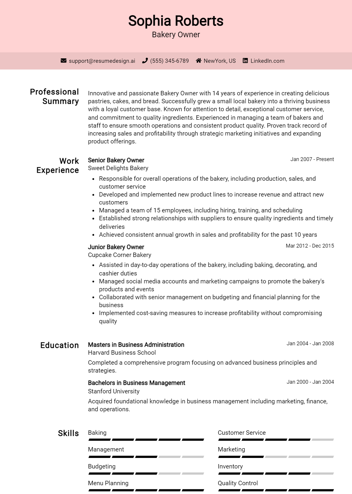 Bakery Owner Resume Example