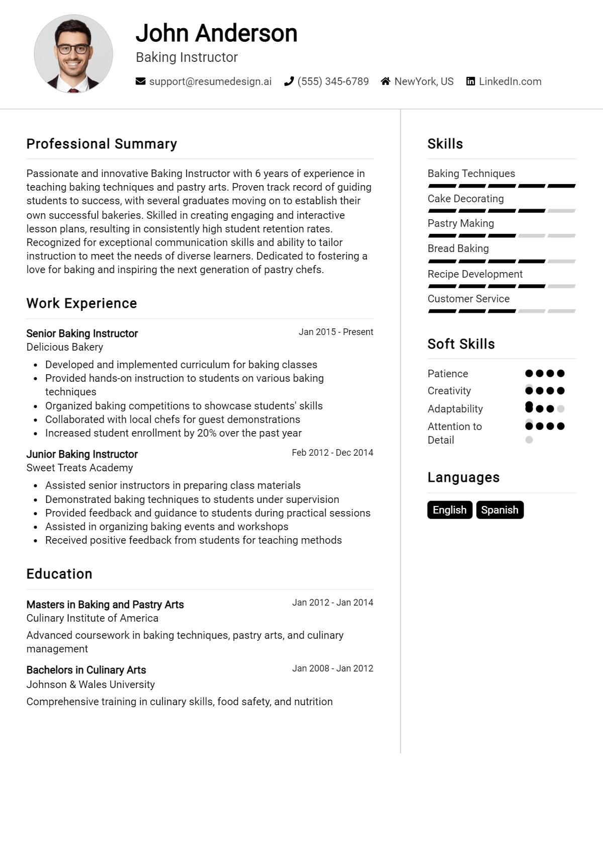 Baking Instructor Resume Example