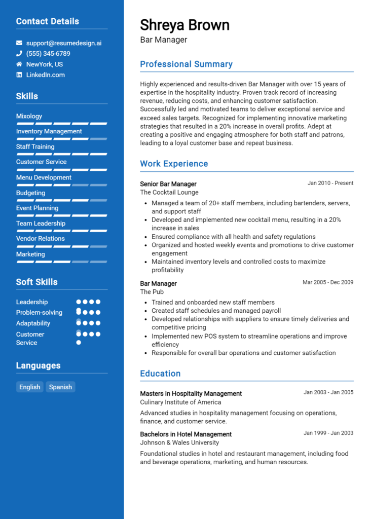 Bar Manager Resume Example