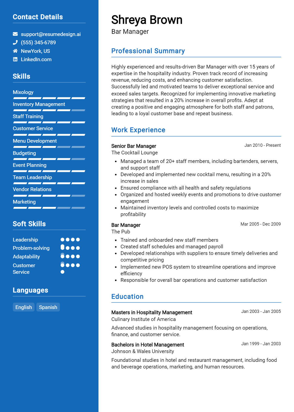 Bar Manager Resume Example