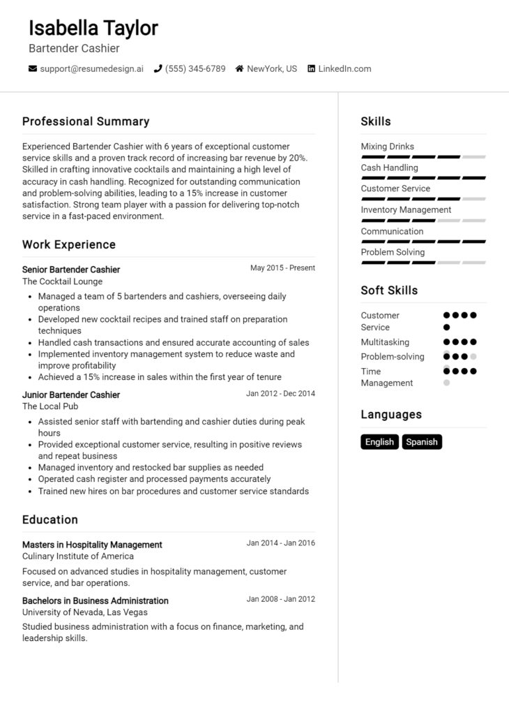 Bartender Cashier Resume Example