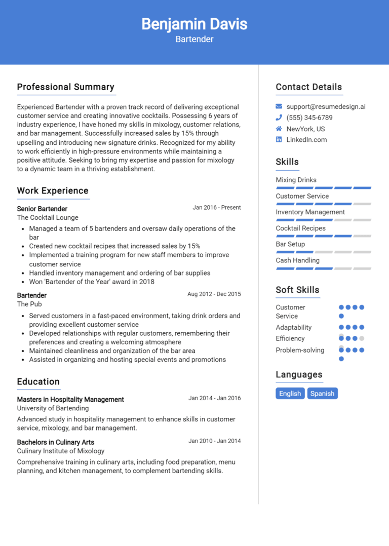 10 Bartender Resume Examples And Templates for 2025