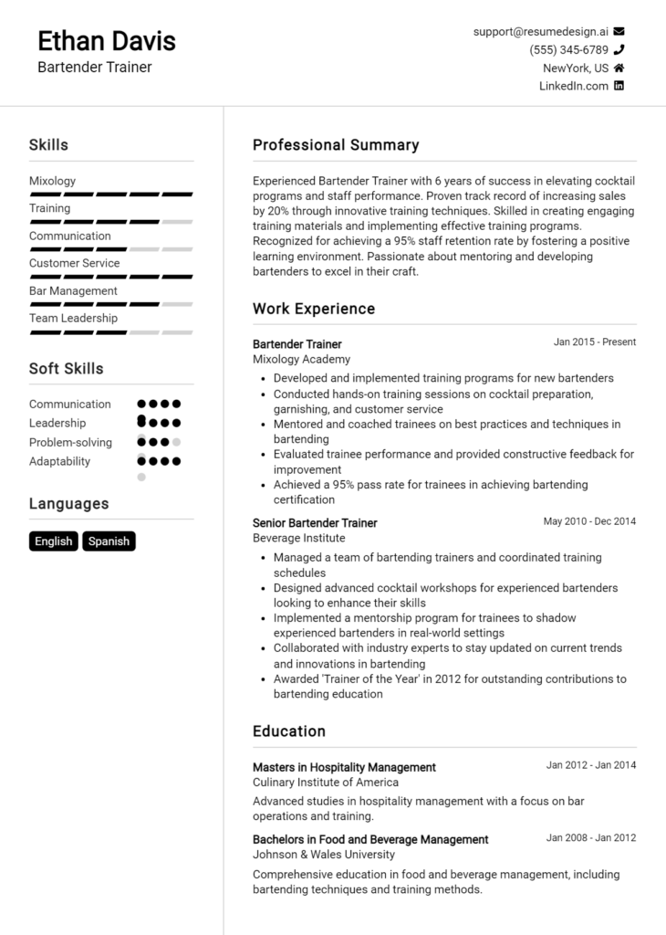 Bartender Trainer Resume Example