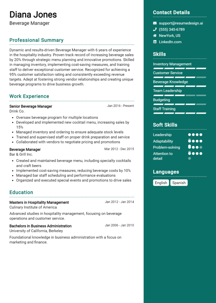 Beverage Manager Resume Example