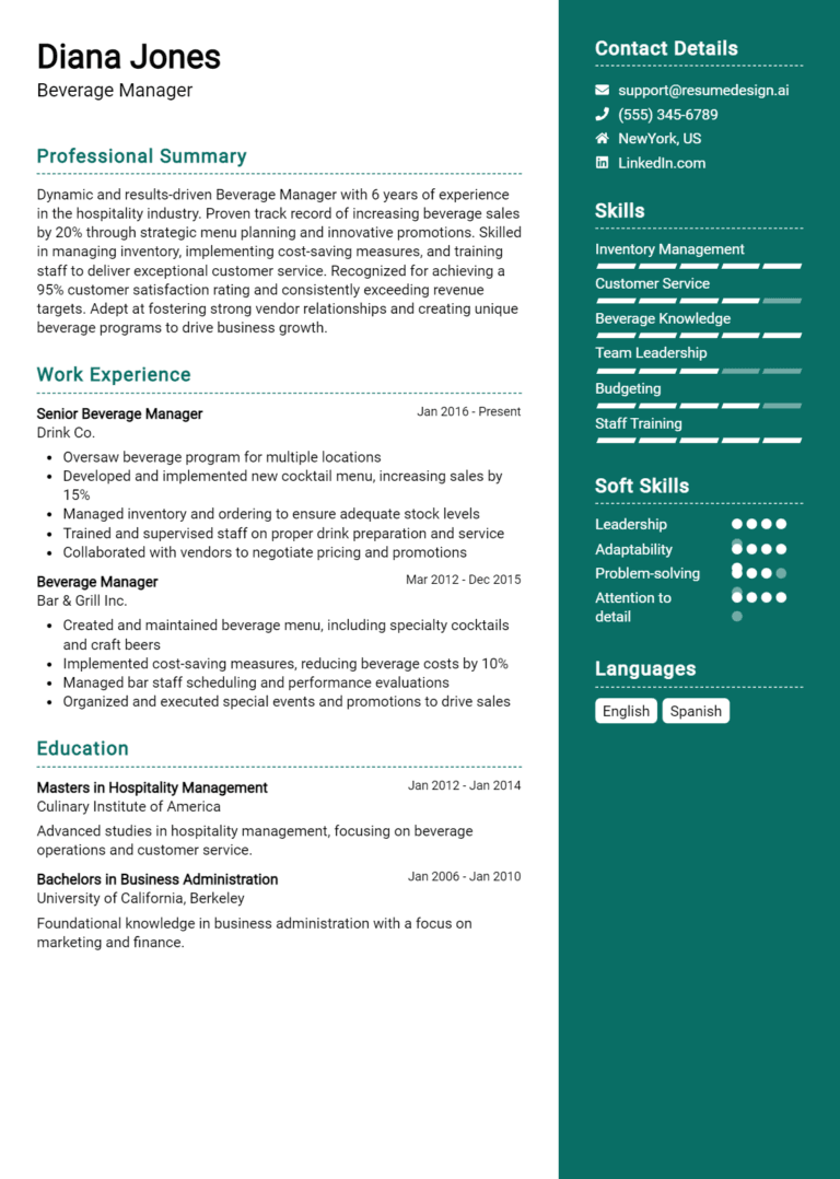 10 Beverage Manager Resume Examples And Templates for 2025: Expert Tips