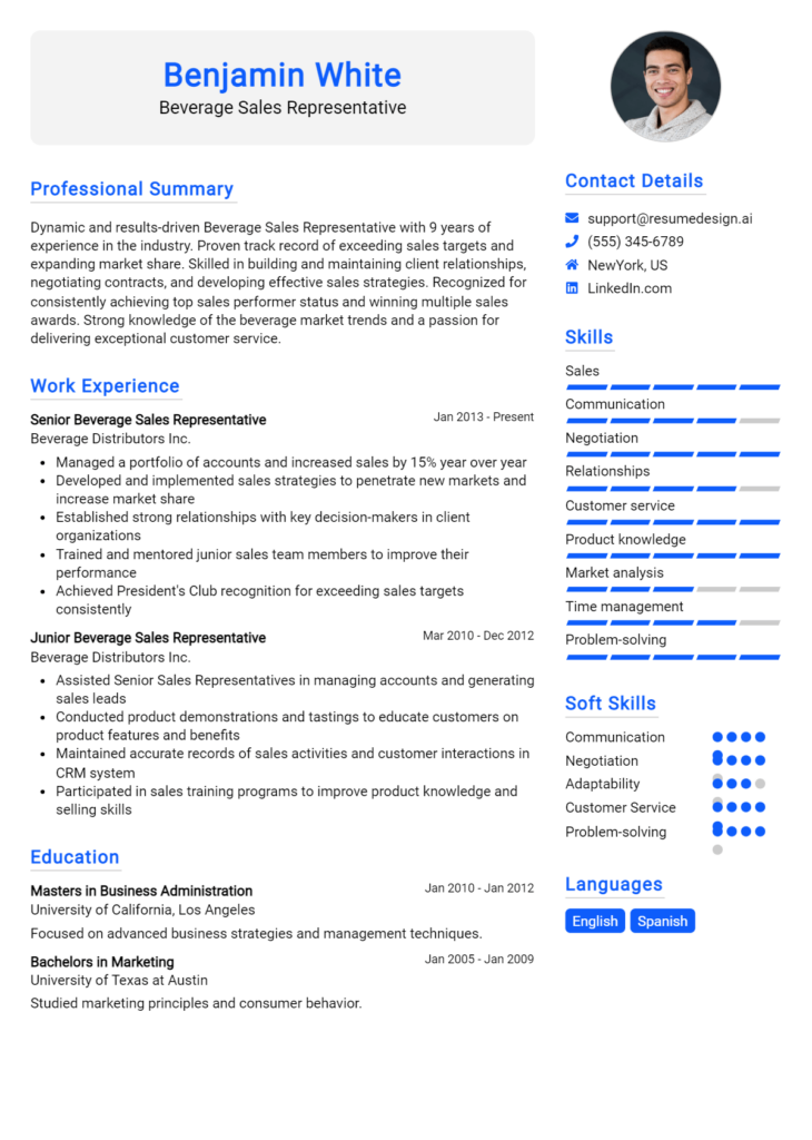 Beverage Sales Representative Resume Example