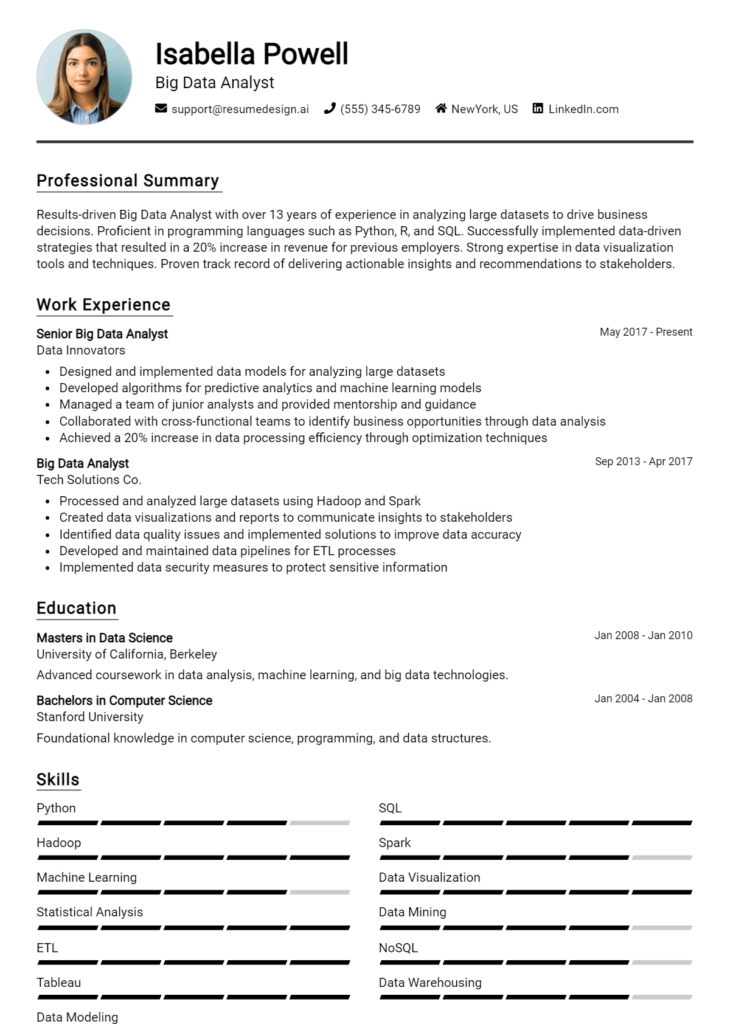 Big Data Analyst Resume Example