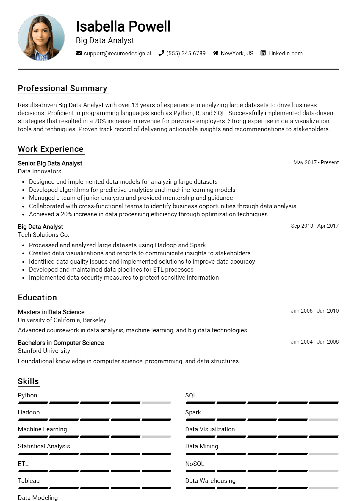 Big Data Analyst Resume Example