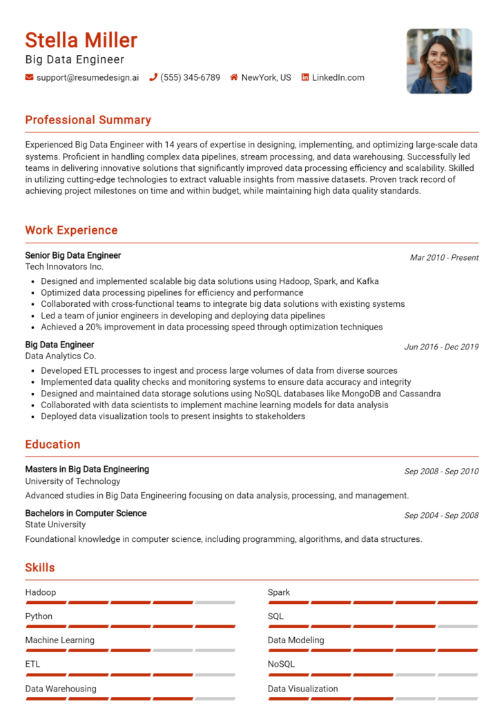 Big Data Engineer Resume Example