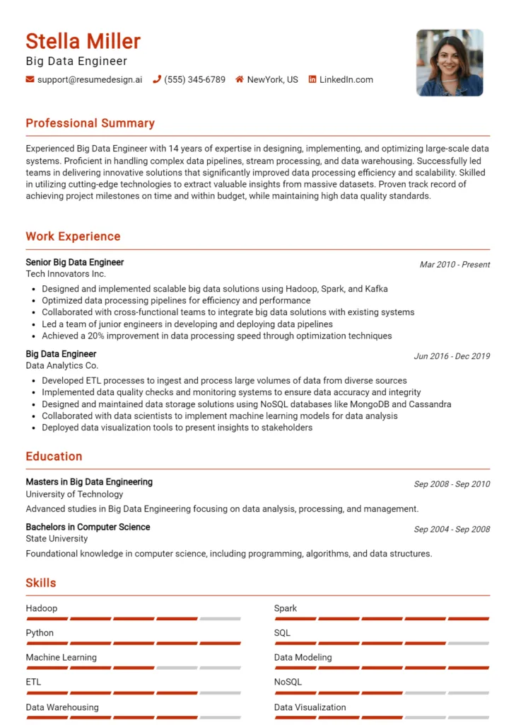 Big Data Engineer Resume Example