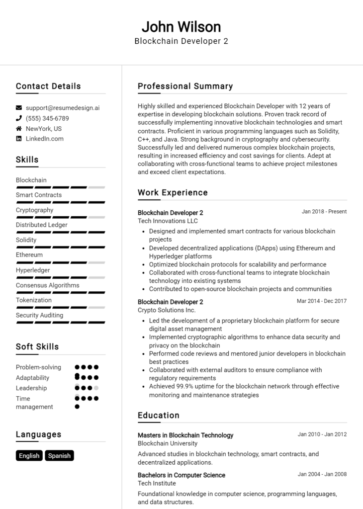 Blockchain Developer 2 Resume Example