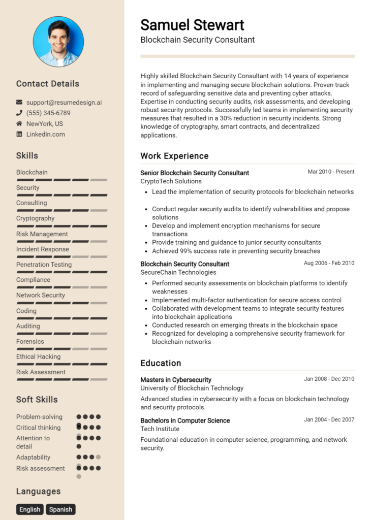 Blockchain Security Consultant Resume Example