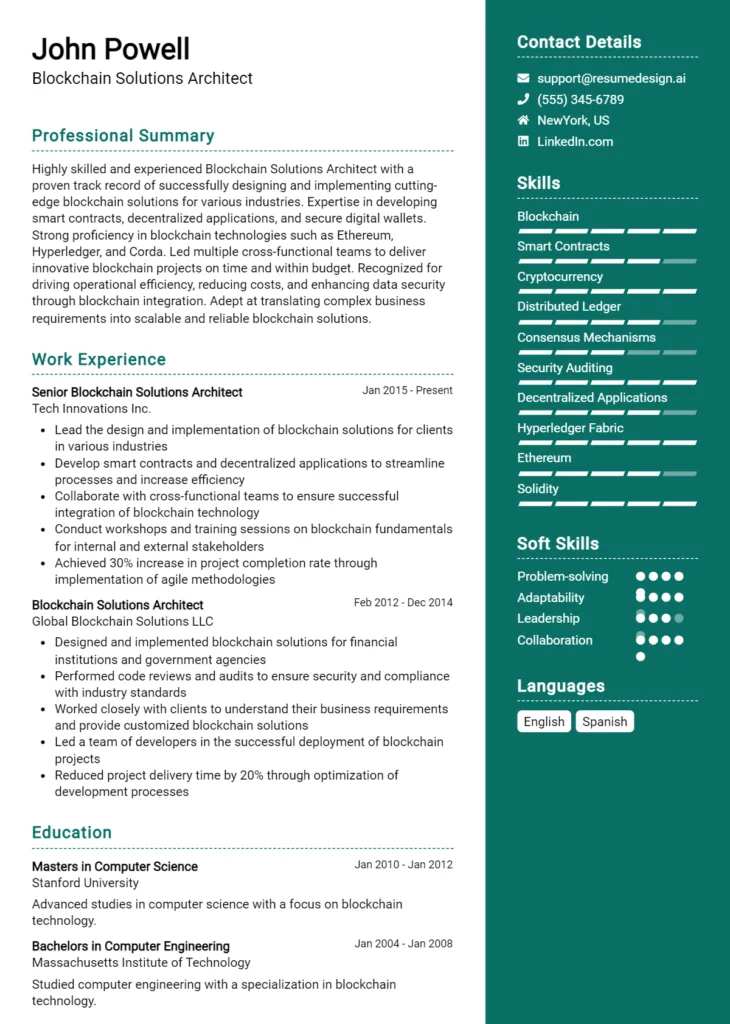 Blockchain Solutions Architect Resume Example