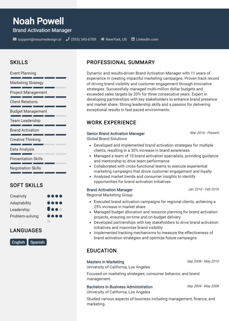 Brand Activation Manager Resume Example