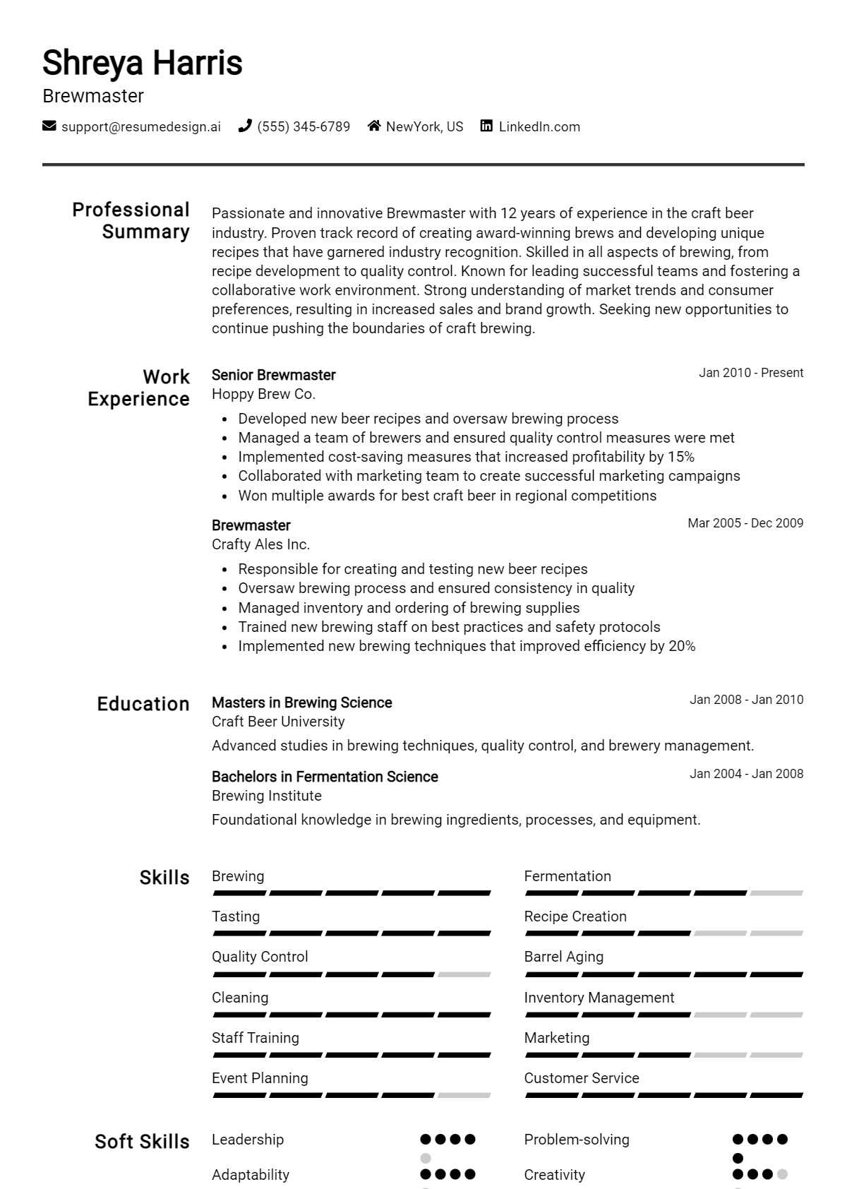 Brewmaster Resume Example