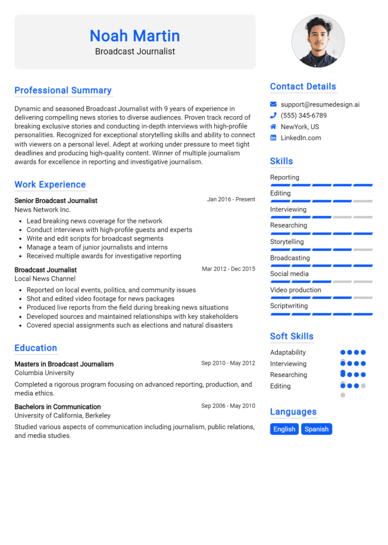 17 Broadcast Journalist Resume Examples And Templates for 2025: Best Tips