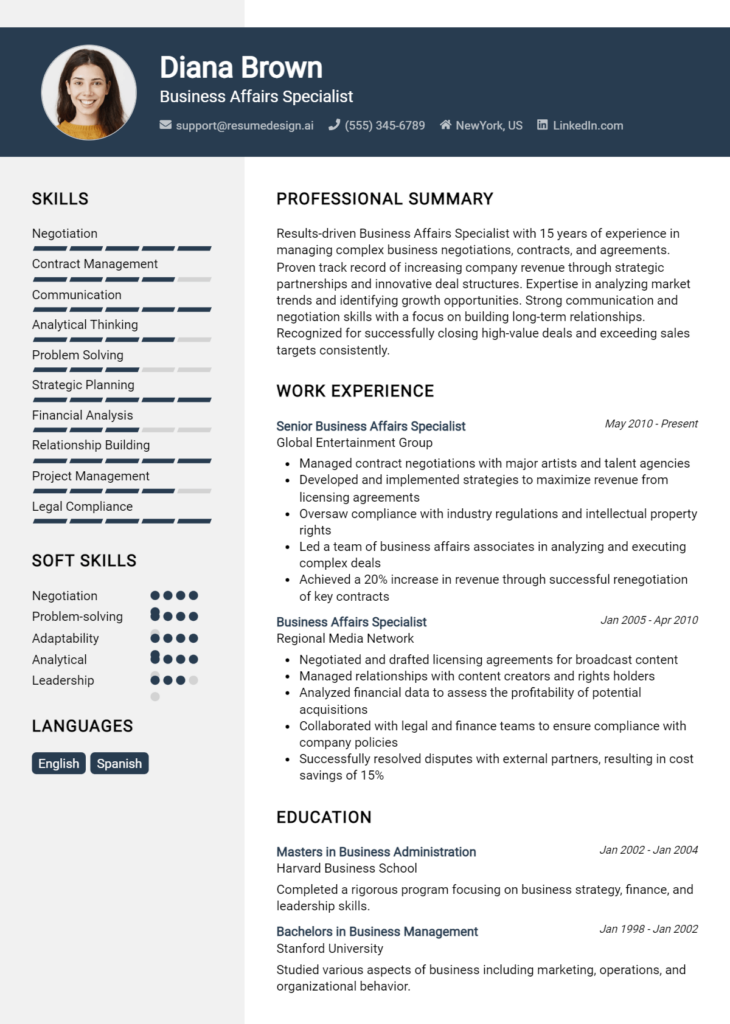 Business Affairs Specialist Resume Example