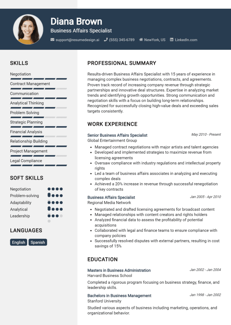 15 Business Affairs Specialist Resume Examples And Templates for 2025: Top Tips