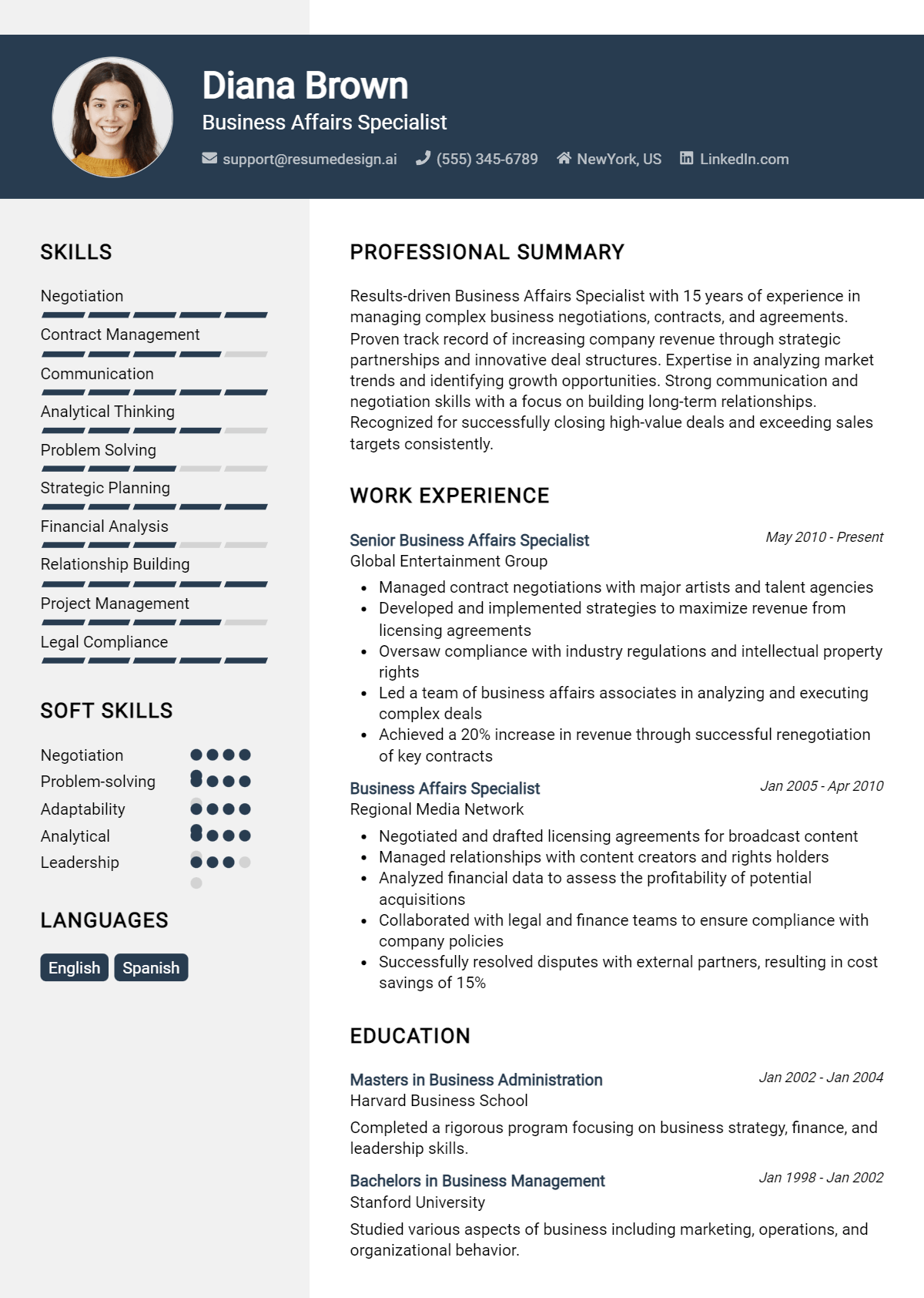 Business Affairs Specialist Resume Example