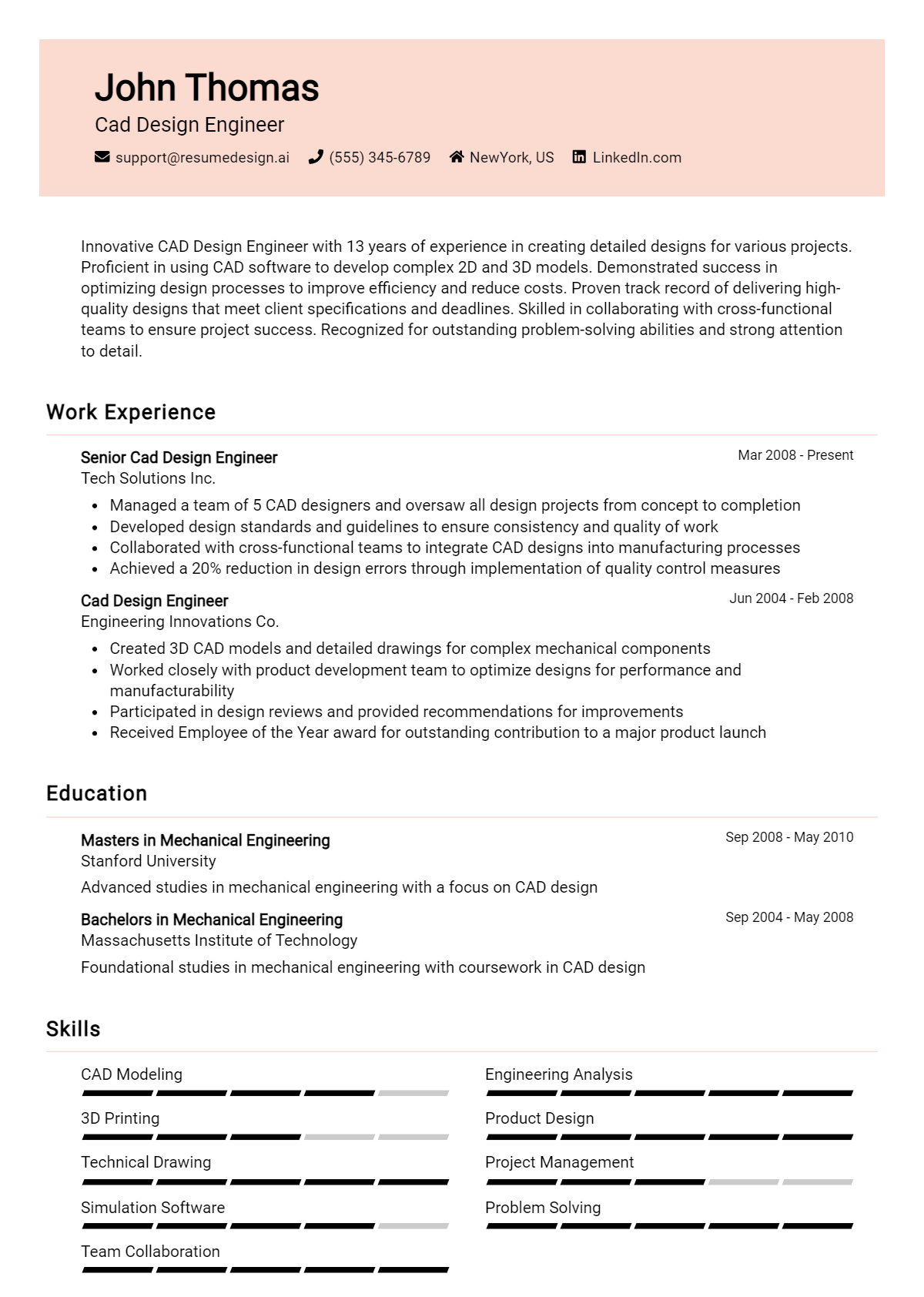 Cad Design Engineer Resume Example