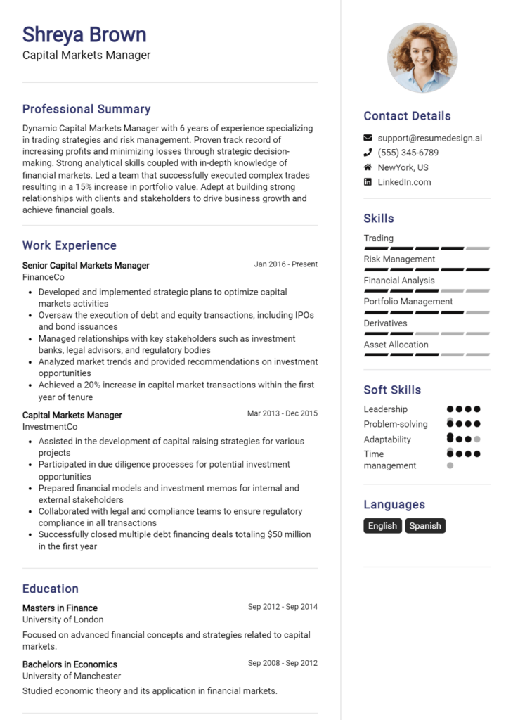 Capital Markets Manager Resume Example