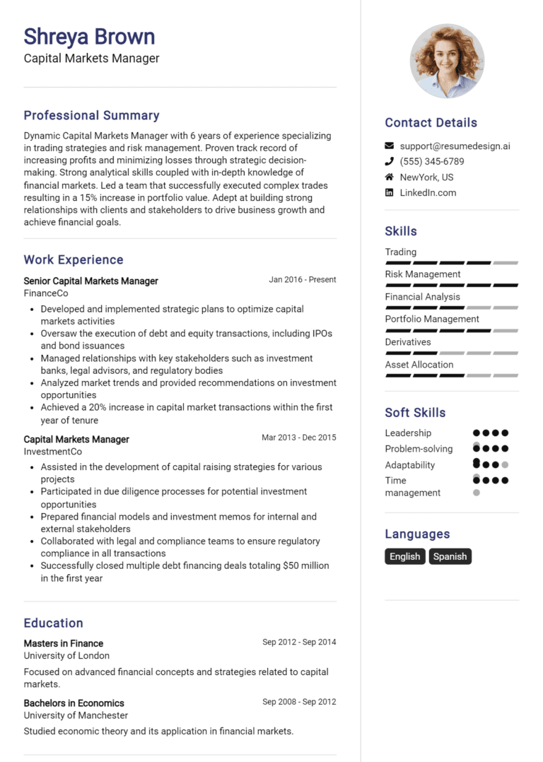 17 Capital Markets Manager Resume Examples And Templates for 2025