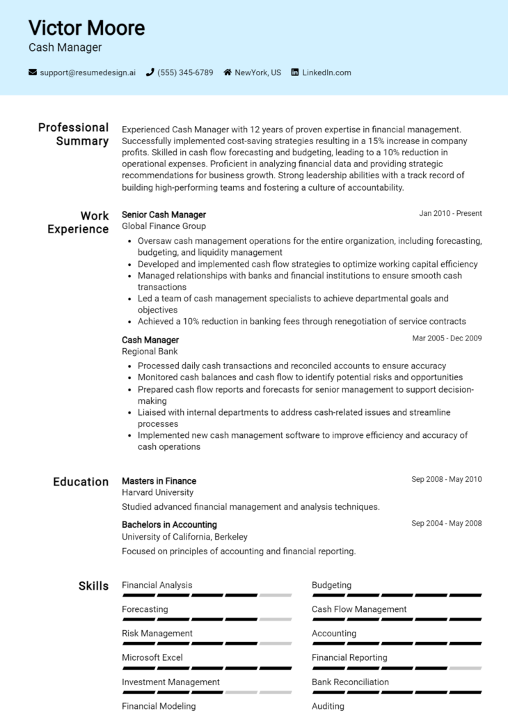 Cash Manager Resume Example