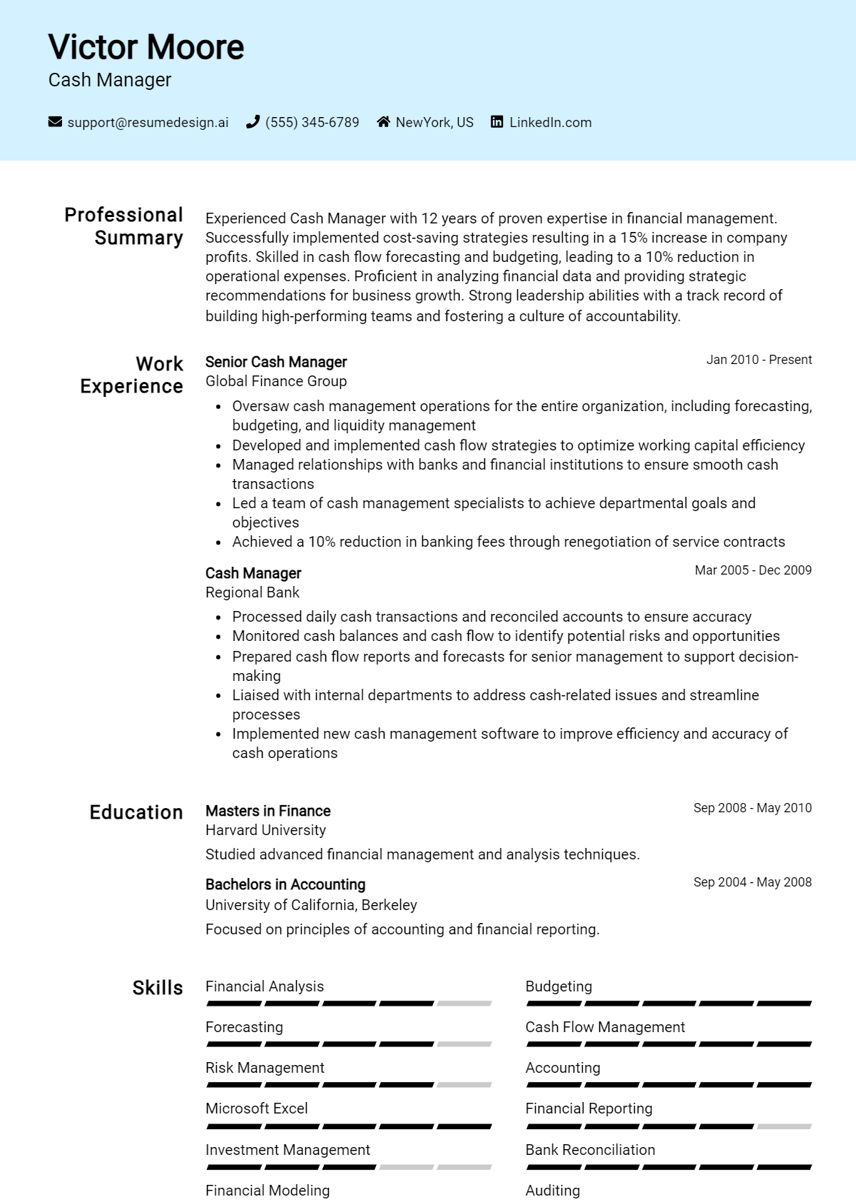 Cash Manager Resume Example