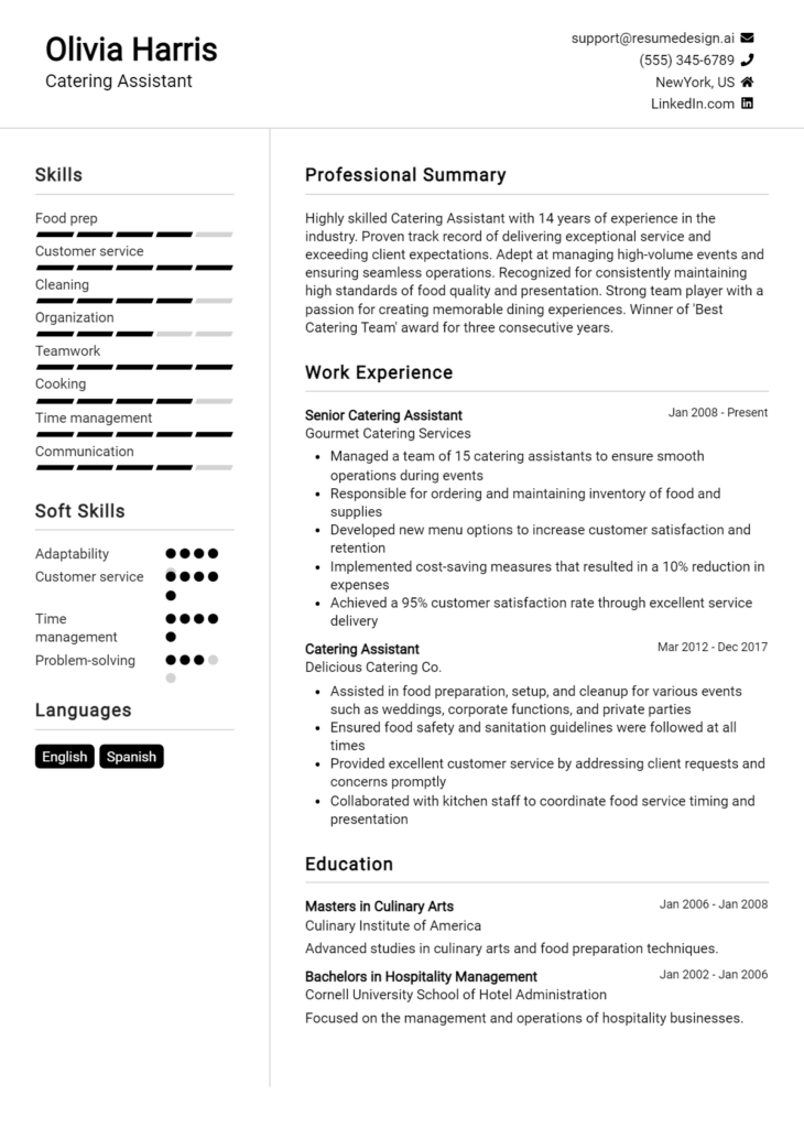 Catering Assistant Resume Example