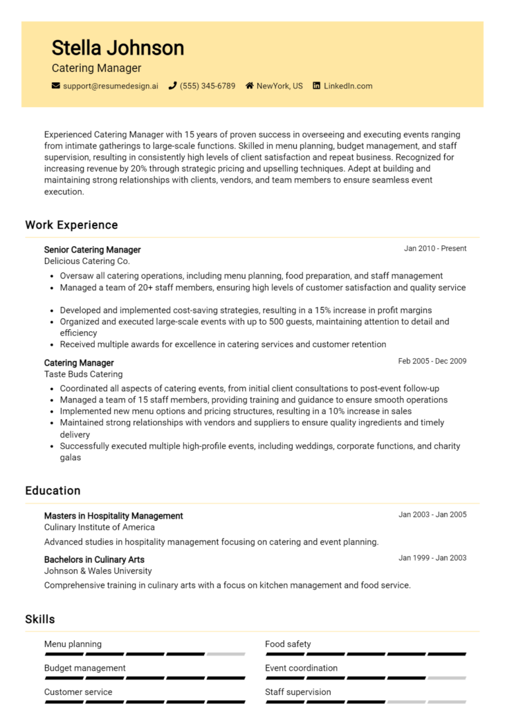 Catering Manager Resume Example