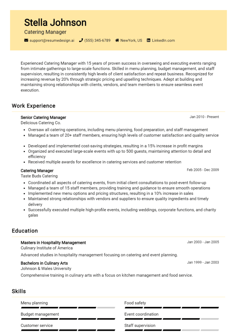 7 Catering Manager Resume Examples And Templates for 2025: Best Tips