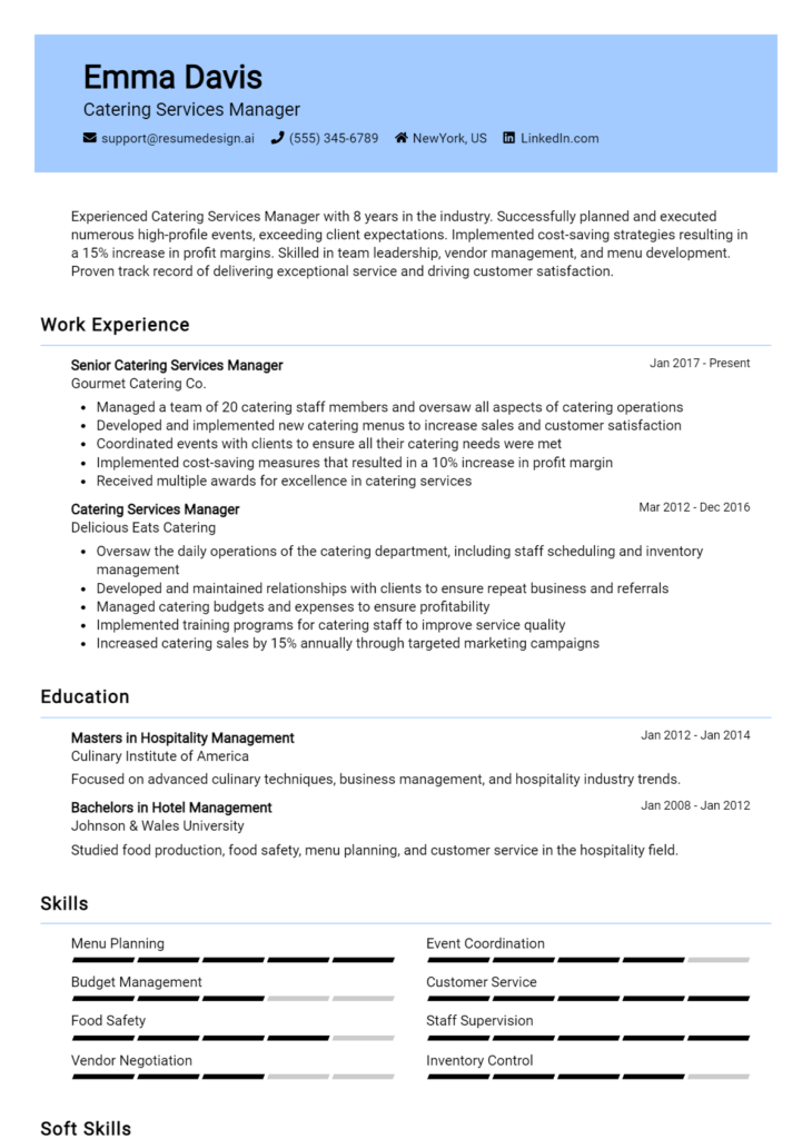 Catering Services Manager Resume Example