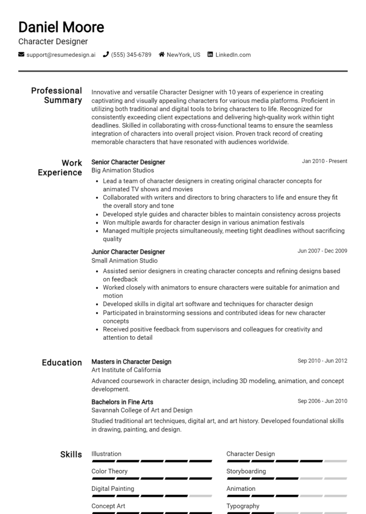 Character Designer Resume Example