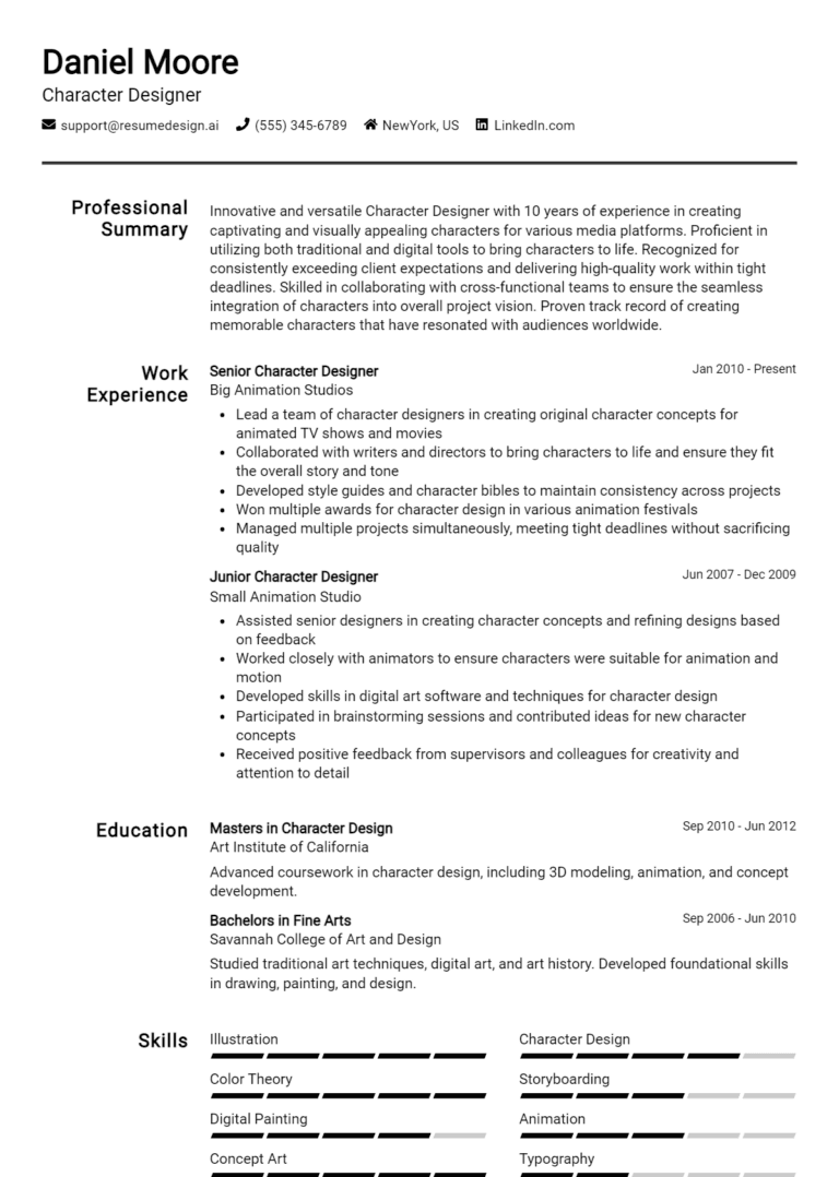 14 Character Designer Resume Examples And Templates for 2025