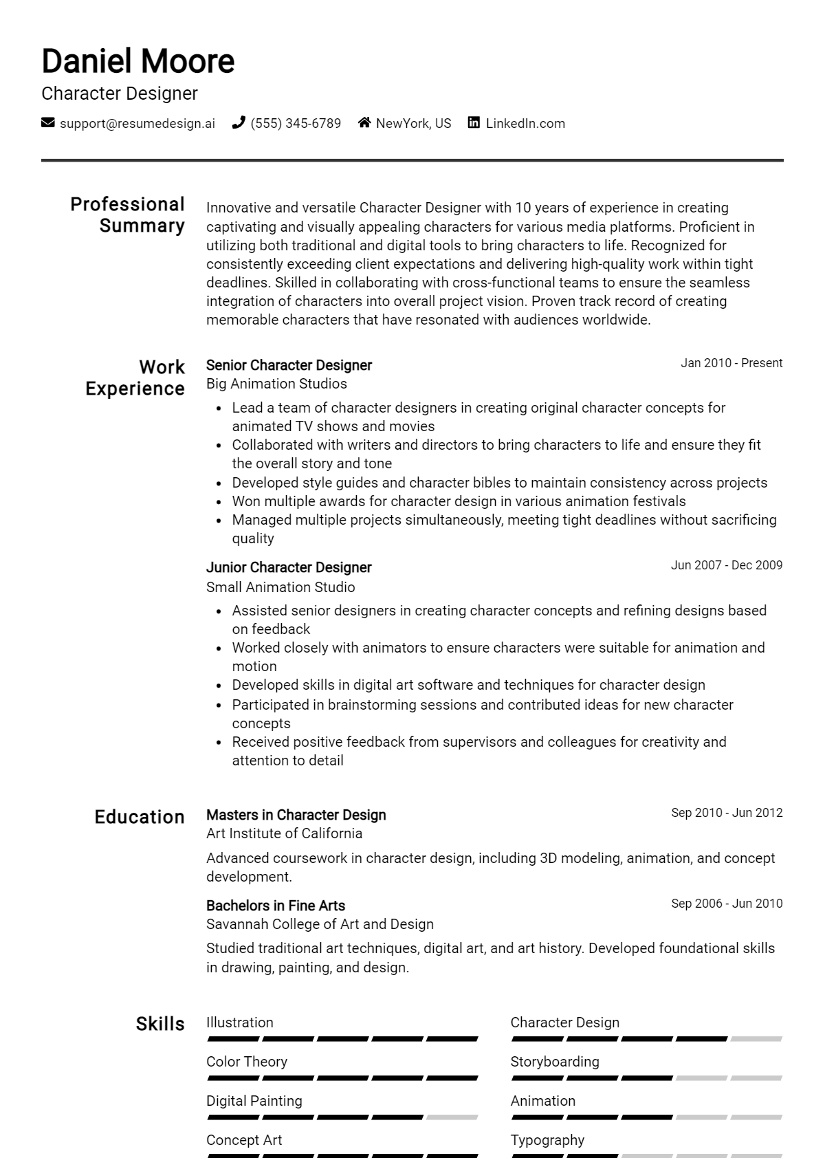 Character Designer Resume Example