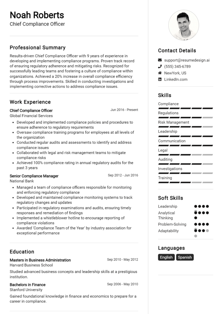 Chief Compliance Officer Resume Example