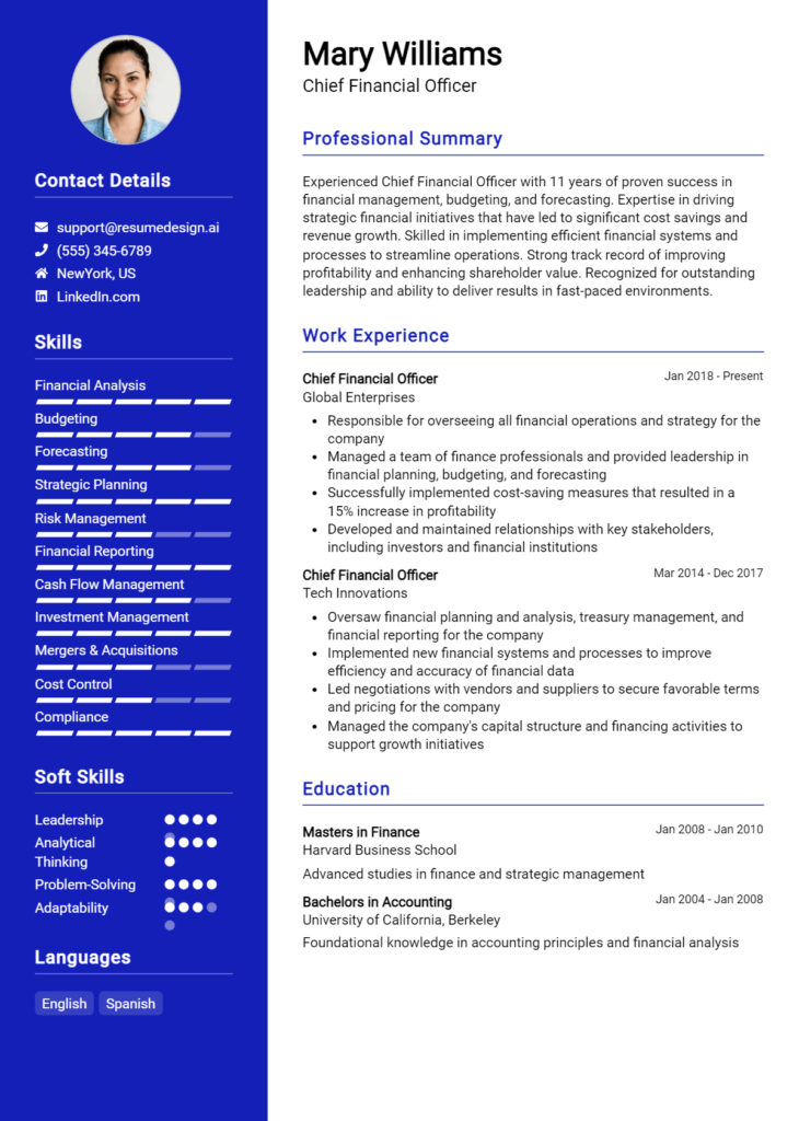 Chief Financial Officer Resume Example