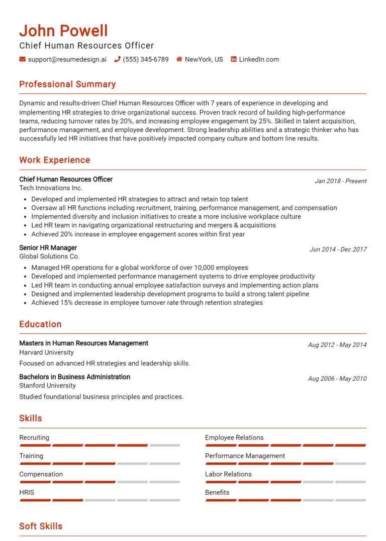 16 Chief Human Resources Officer Resume Examples And Templates for 2025: Top Tips