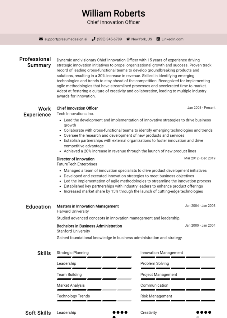 Chief Innovation Officer Resume Example