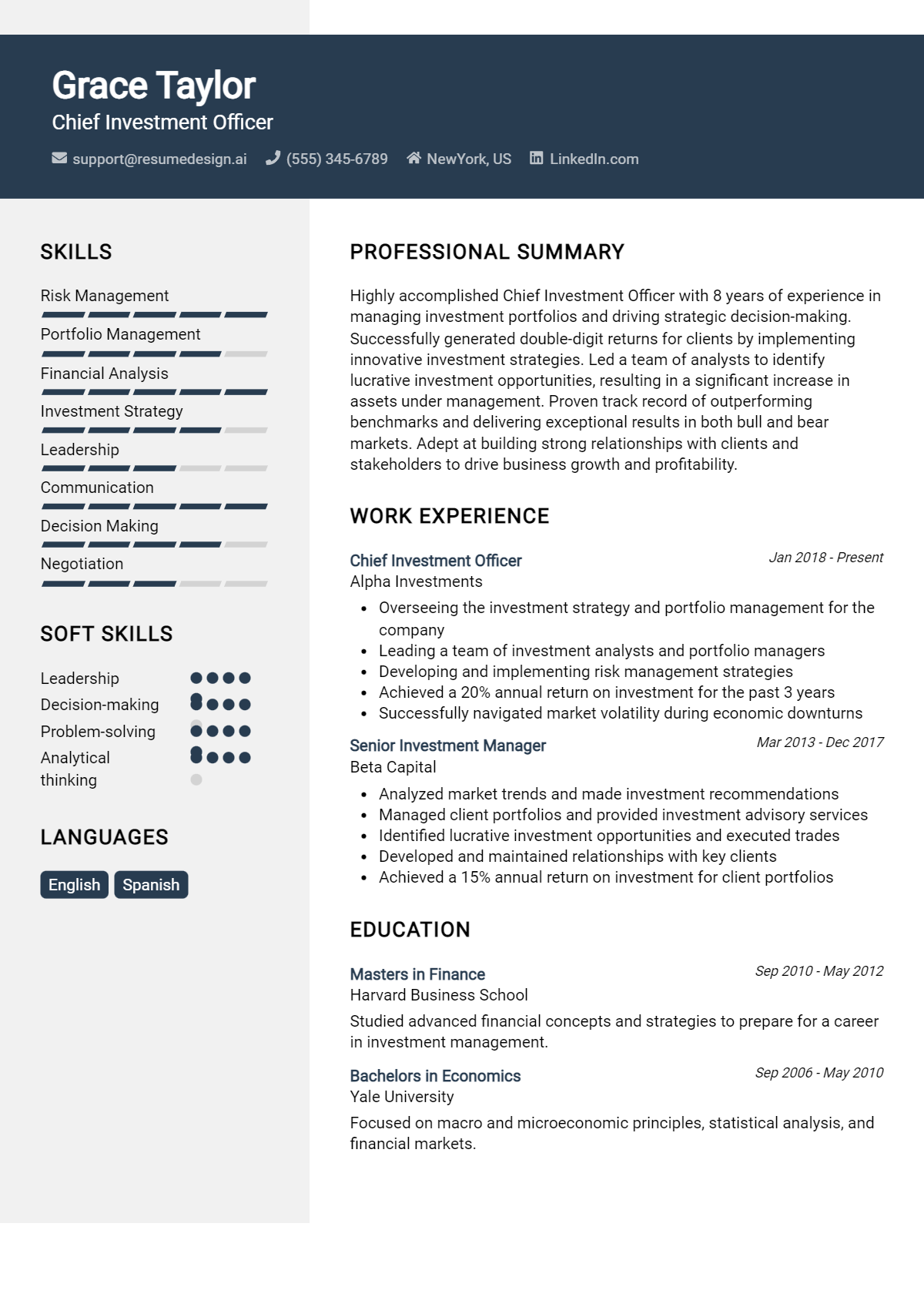 Chief Investment Officer Resume Example