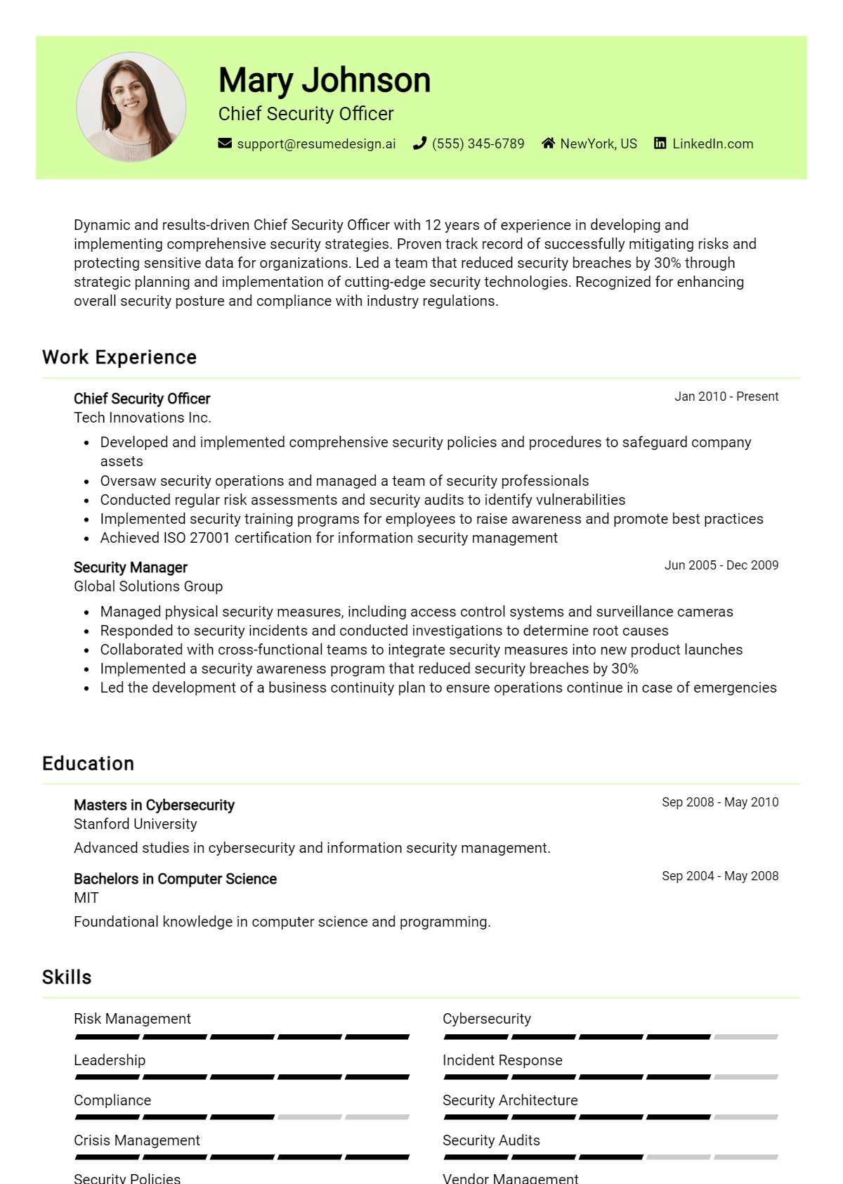 Chief Security Officer Resume Example