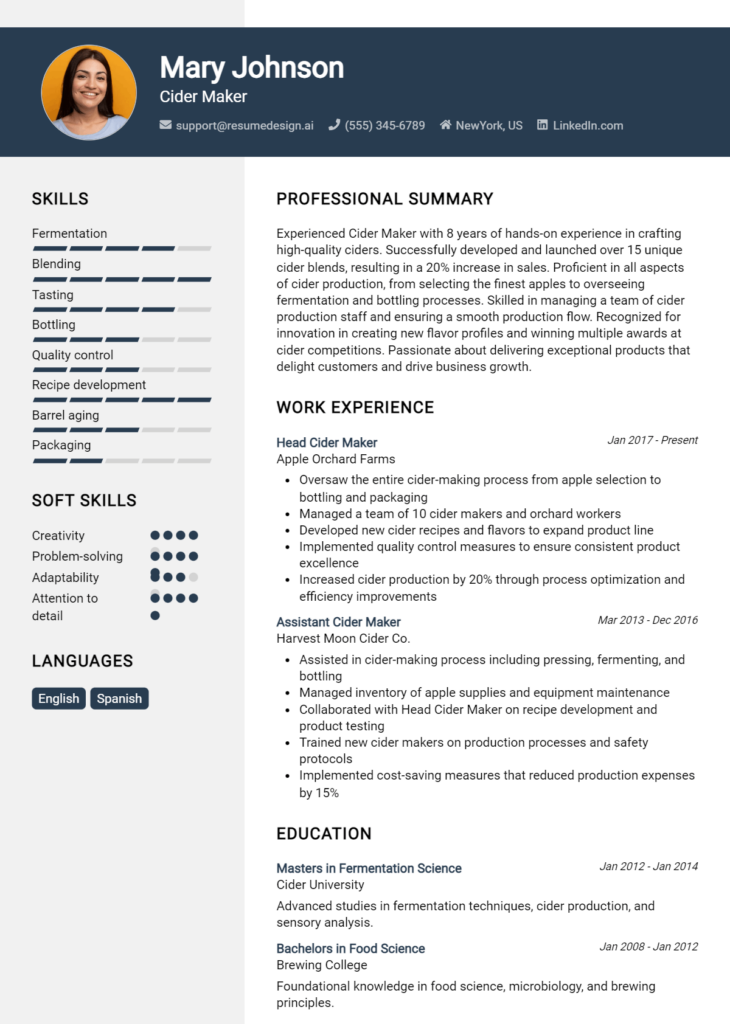 Cider Maker Resume Example