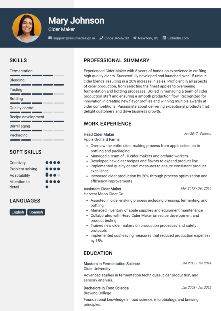 10 Cider Maker Resume Examples And Templates for 2025: Free Samples