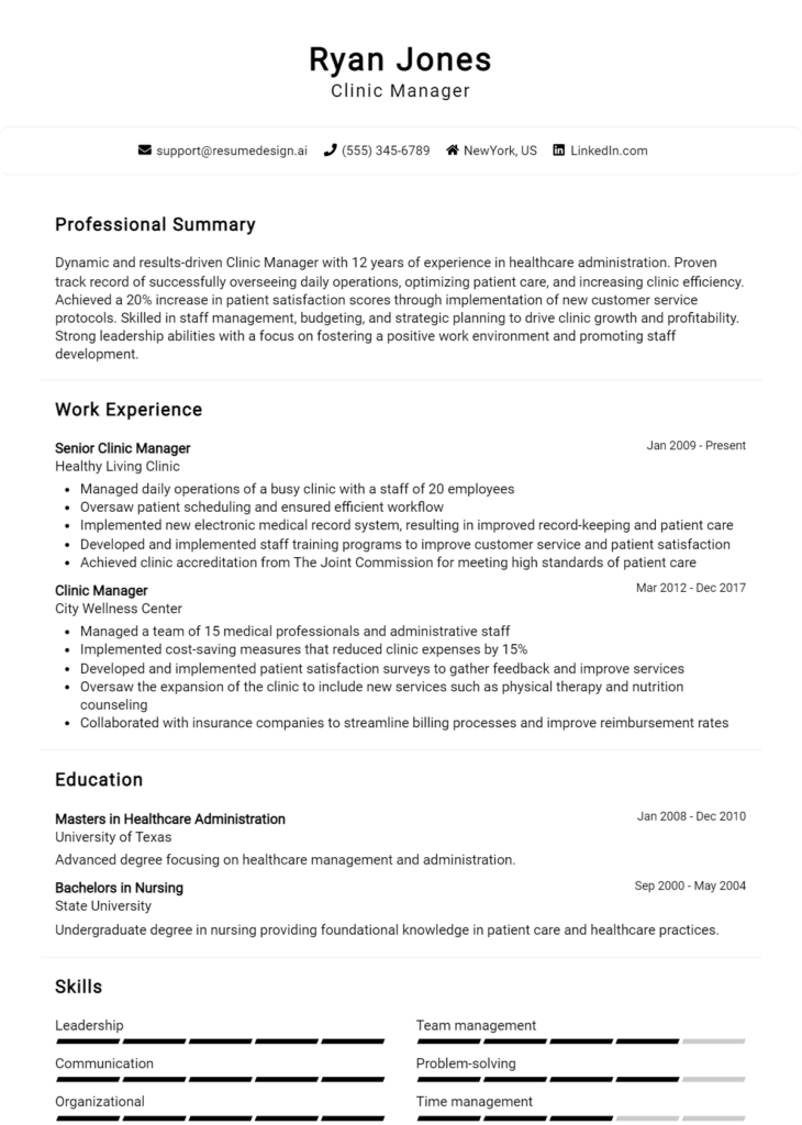 Clinic Manager Resume Example