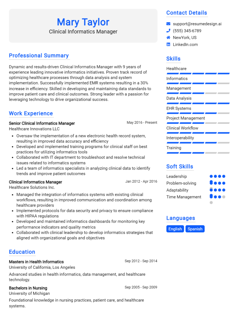 12 Health Informatics Specialist Resume Examples And Templates for 2024 ...