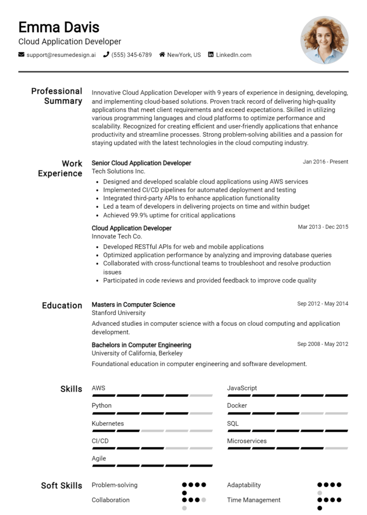 Cloud Application Developer Resume Example