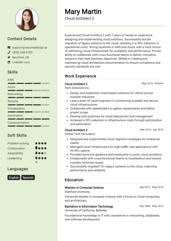 Cloud Architect 2 Resume Example